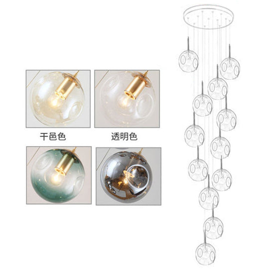 Zephyr - Handblown Glass Ball Multi Light Pendant Modern Cognac Hanging Lighting For Staircase