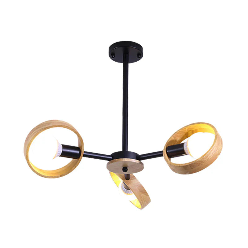 3/6/8 Heads Round Chandelier Light Contemporary Wood Hanging Ceiling In Black/White For Living Room