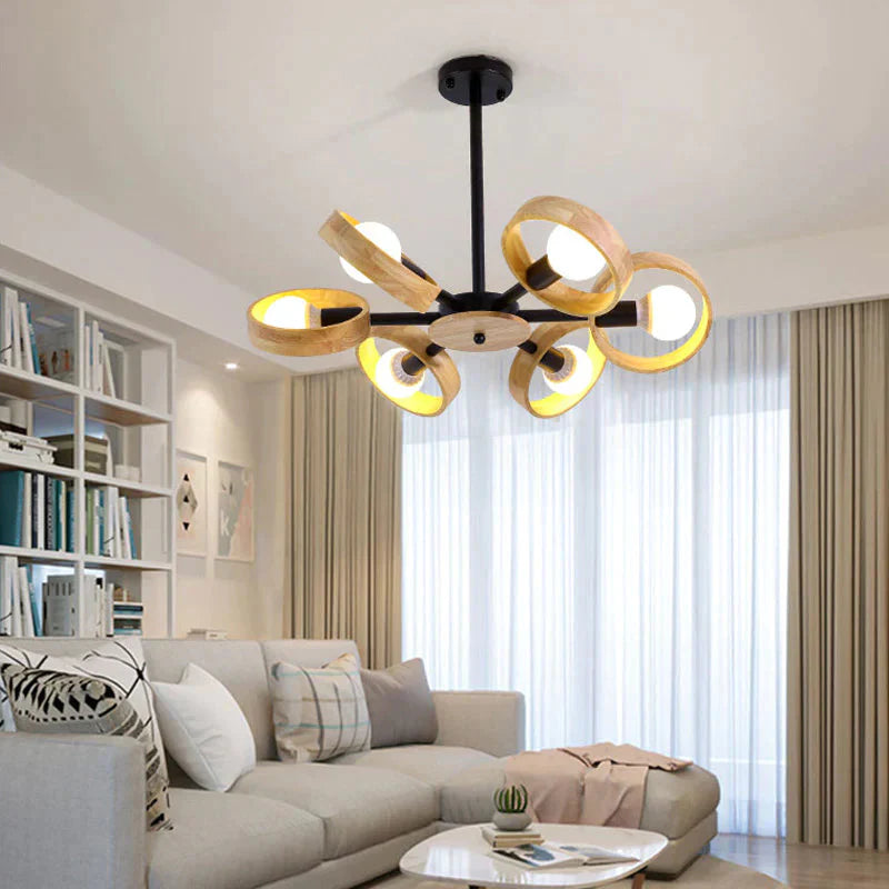 3/6/8 Heads Round Chandelier Light Contemporary Wood Hanging Ceiling In Black/White For Living Room