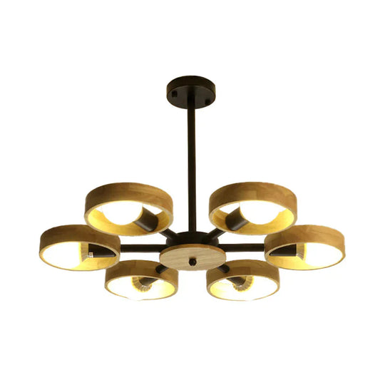 3/6/8 Heads Round Chandelier Light Contemporary Wood Hanging Ceiling In Black/White For Living Room