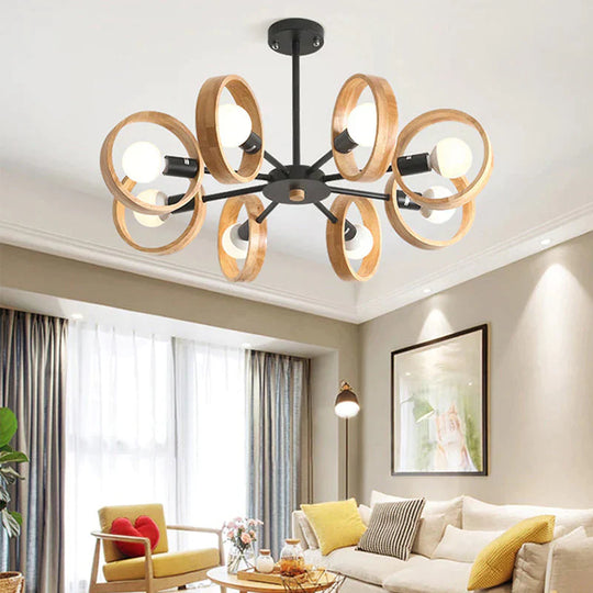 3/6/8 Heads Round Chandelier Light Contemporary Wood Hanging Ceiling In Black/White For Living Room