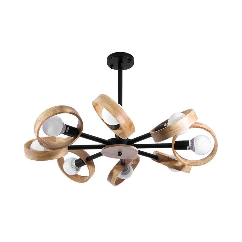 3/6/8 Heads Round Chandelier Light Contemporary Wood Hanging Ceiling In Black/White For Living Room