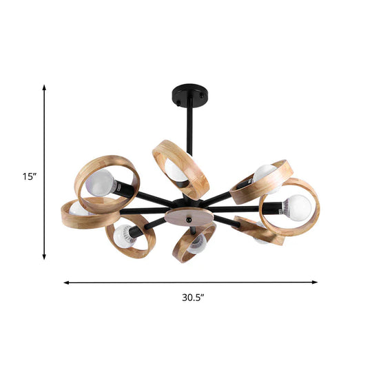 3/6/8 Heads Round Chandelier Light Contemporary Wood Hanging Ceiling In Black/White For Living Room