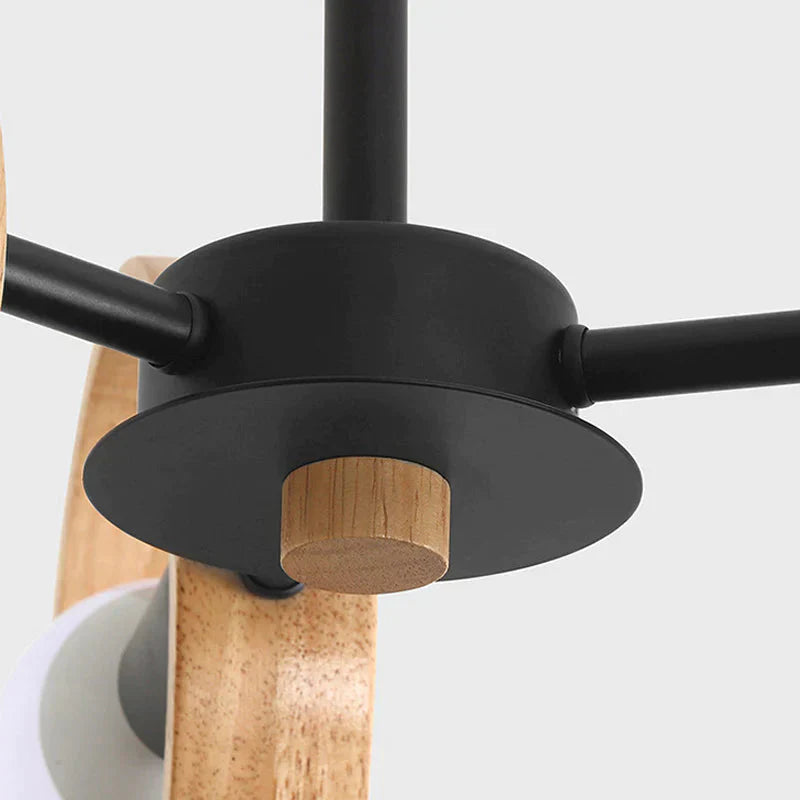 3/6/8 Heads Round Chandelier Light Contemporary Wood Hanging Ceiling In Black/White For Living Room