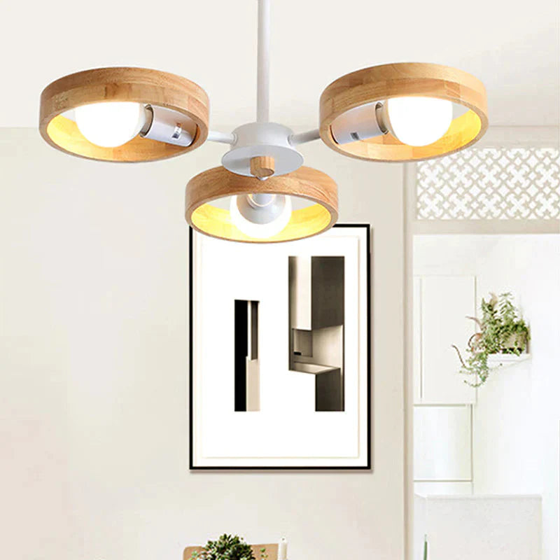 3/6/8 Heads Round Chandelier Light Contemporary Wood Hanging Ceiling In Black/White For Living Room