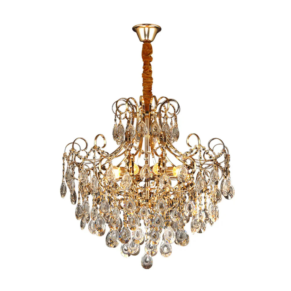 Flared Ceiling Light Fixture Postmodern Metal 5 Lights Gold Chandelier With Teardrop Crystal Accent