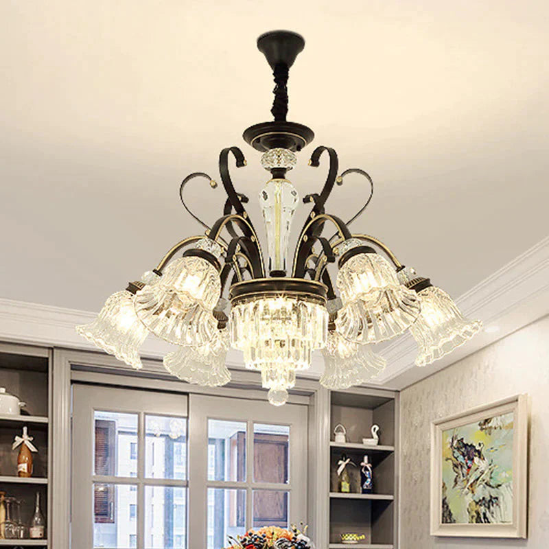 Traditional 6 - Light Chandelier Clear Crystal Shaded Floral Ceiling Pendant Light In Black