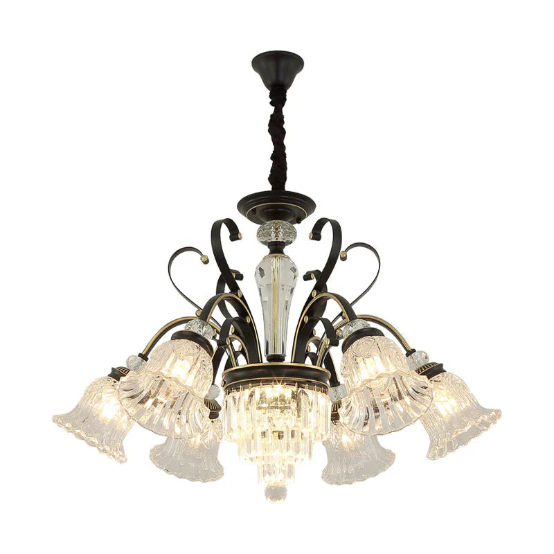 Traditional 6 - Light Chandelier Clear Crystal Shaded Floral Ceiling Pendant Light In Black