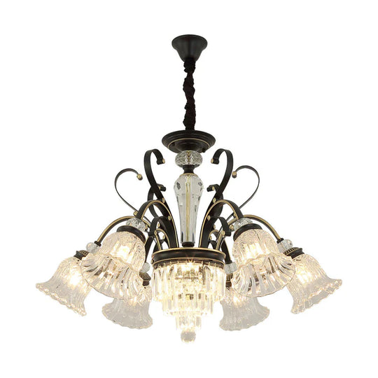 Traditional 6 - Light Chandelier Clear Crystal Shaded Floral Ceiling Pendant Light In Black