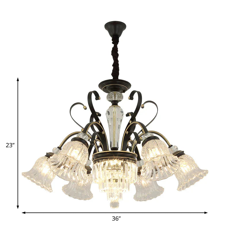 Traditional 6 - Light Chandelier Clear Crystal Shaded Floral Ceiling Pendant Light In Black