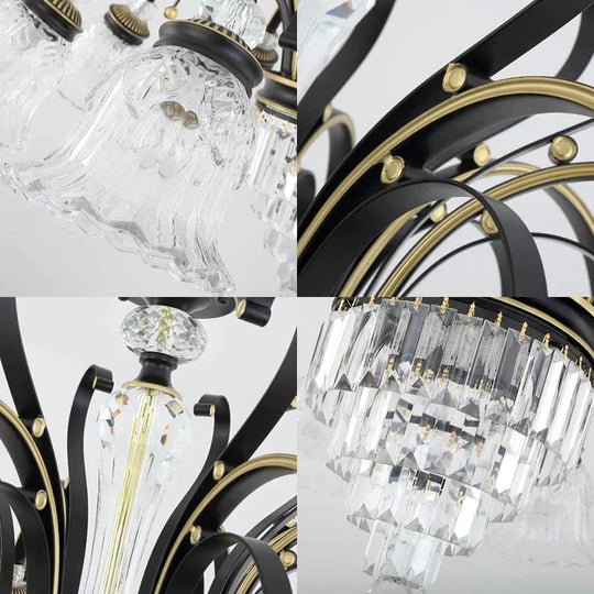 Traditional 6 - Light Chandelier Clear Crystal Shaded Floral Ceiling Pendant Light In Black