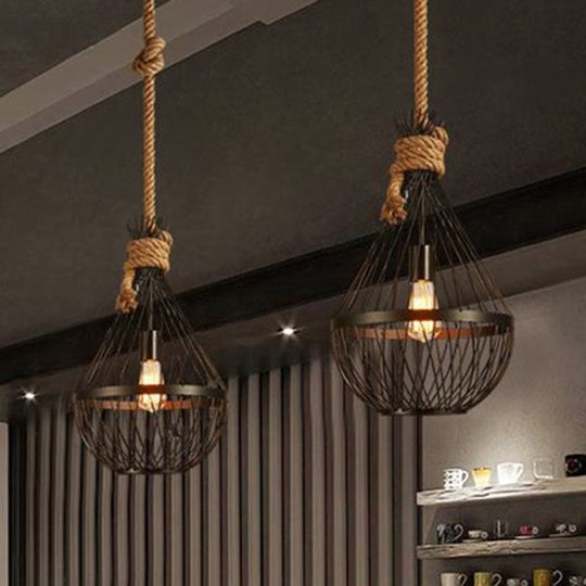 Retro Iron Pear - Shaped Suspension Lighting With Hemp Rope In Black / Small Pendant