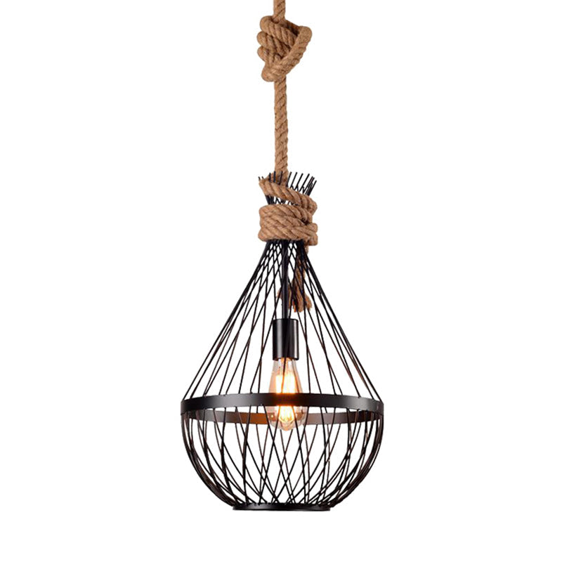 Retro Iron Pear - Shaped Suspension Lighting With Hemp Rope In Black Pendant