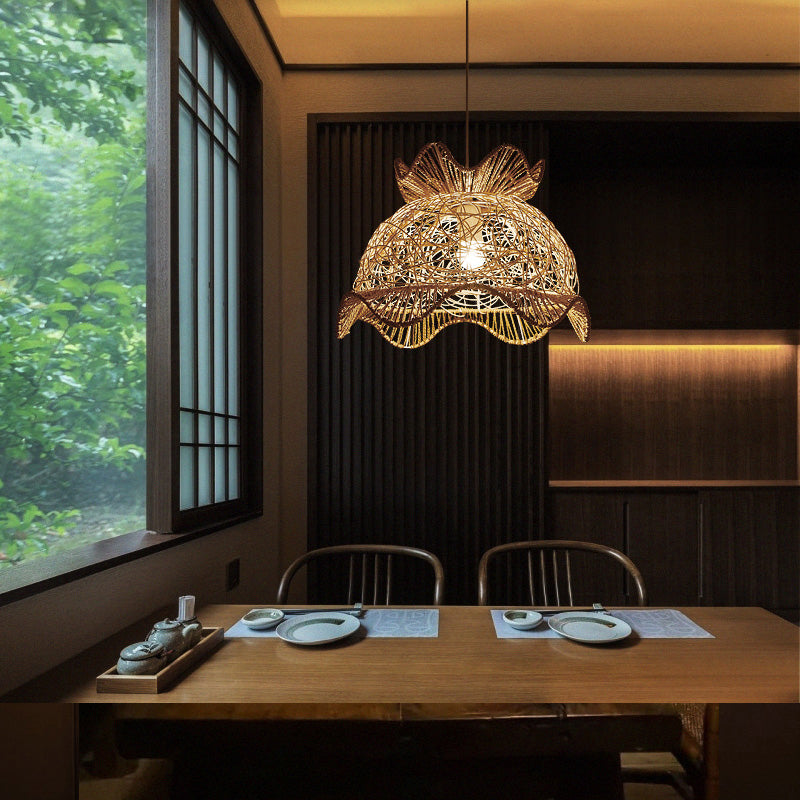 Margot - Asian Wood Scalloped Ceiling Light Style 1Â Head Rattan Hanging Lamp For Restaurant