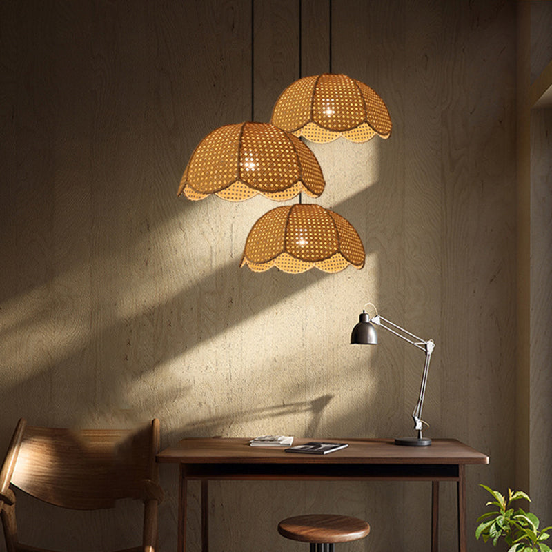 Naos - Rattan Scalloped Dome Suspension Light Simplicity 1 - Light Wood Pendant Fixture