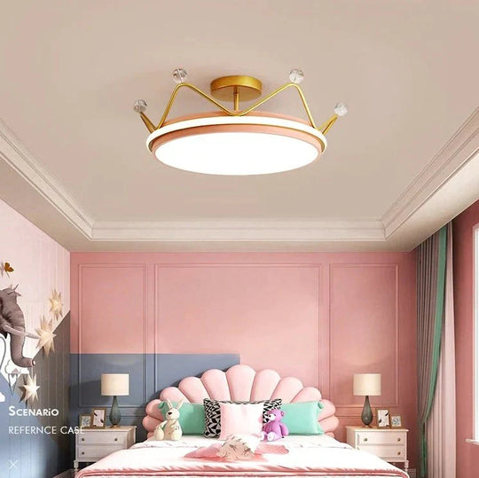 Nordic Golden Crown Bedroom Ceiling Lamp 50Cm Pink / Warm Light