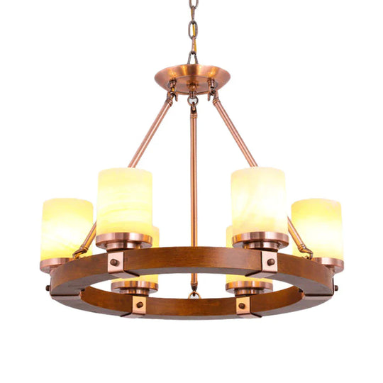 Cylinder Bedroom Chandelier Light Fixture Rustic White Glass 4/6 Lights Copper Ceiling