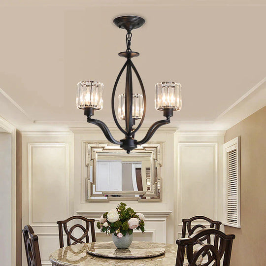 Black Cylinder Ceiling Light Fixture Simple Style Crystal Block 3/6/8 Lights Dining Room Chandelier