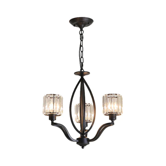 Black Cylinder Ceiling Light Fixture Simple Style Crystal Block 3/6/8 Lights Dining Room Chandelier