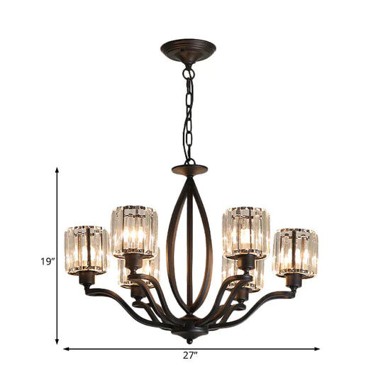 Black Cylinder Ceiling Light Fixture Simple Style Crystal Block 3/6/8 Lights Dining Room Chandelier