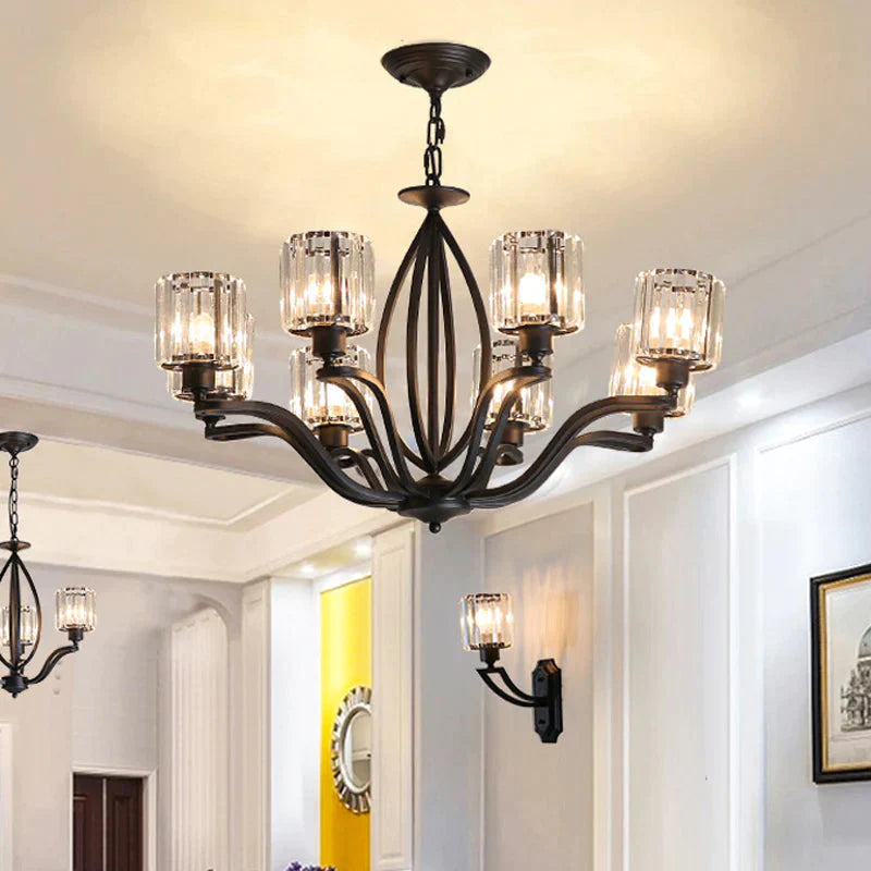 Black Cylinder Ceiling Light Fixture Simple Style Crystal Block 3/6/8 Lights Dining Room Chandelier