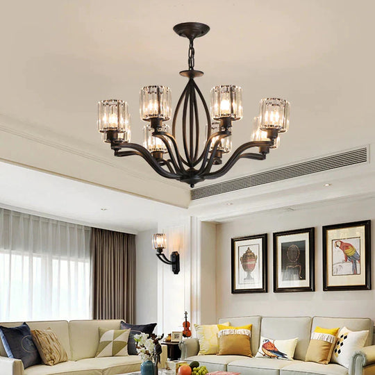 Black Cylinder Ceiling Light Fixture Simple Style Crystal Block 3/6/8 Lights Dining Room Chandelier