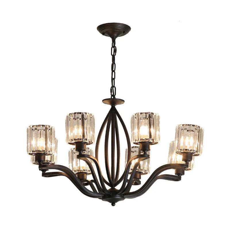 Black Cylinder Ceiling Light Fixture Simple Style Crystal Block 3/6/8 Lights Dining Room Chandelier