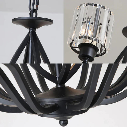 Black Cylinder Ceiling Light Fixture Simple Style Crystal Block 3/6/8 Lights Dining Room Chandelier