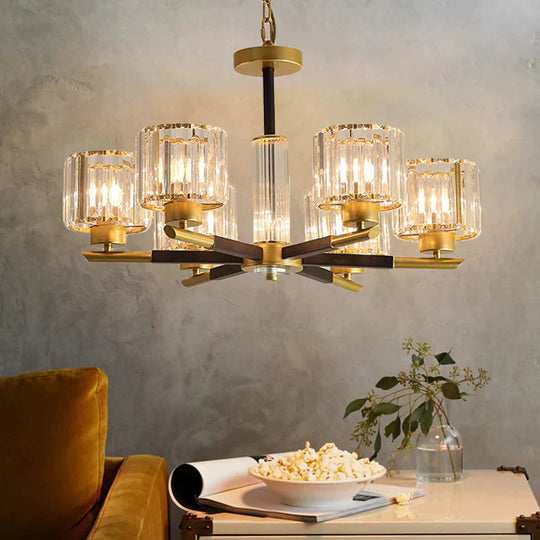 Cylinder Crystal Block Chandelier Light Traditional 3/6/8 Lights Dining Room Hanging In Gold