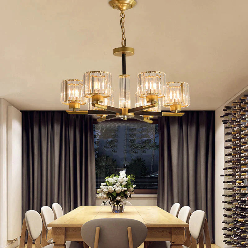 Cylinder Crystal Block Chandelier Light Traditional 3/6/8 Lights Dining Room Hanging In Gold