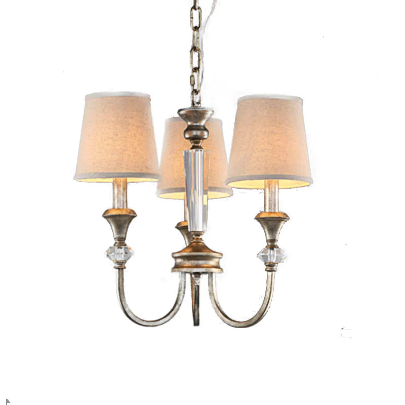Rustic Tapered Ceiling Lamp 3/6 Lights Fabric Chandelier Light Fixture In Aged Silver For Living