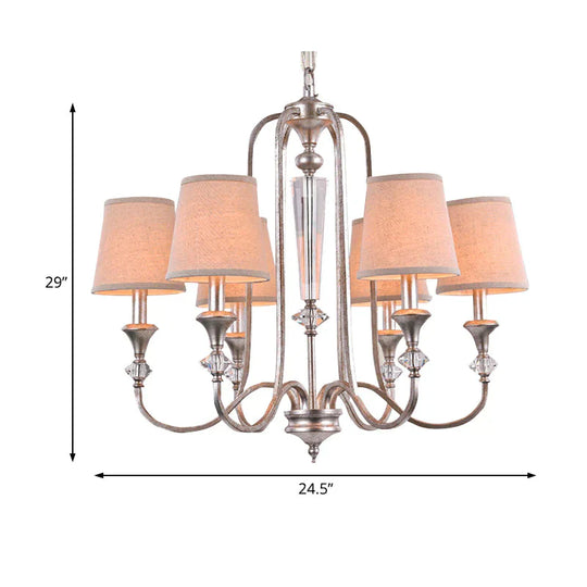 Rustic Tapered Ceiling Lamp 3/6 Lights Fabric Chandelier Light Fixture In Aged Silver For Living