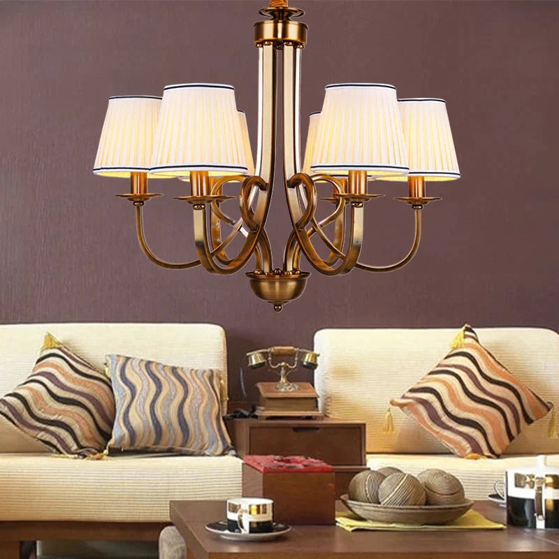 Tapered Fabric Chandelier Light Rustic 6/8 Dining Room Ceiling Fixture In Gold