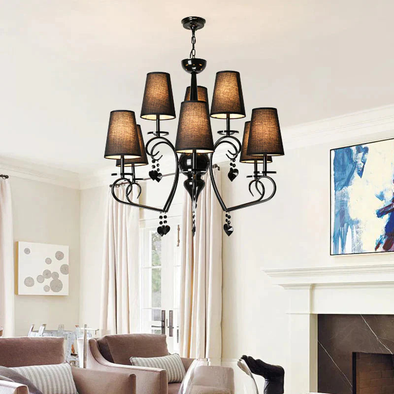 Fabric Tapered Hanging Ceiling Light Rustic 6/9 Lights Living Room Chandelier In Black