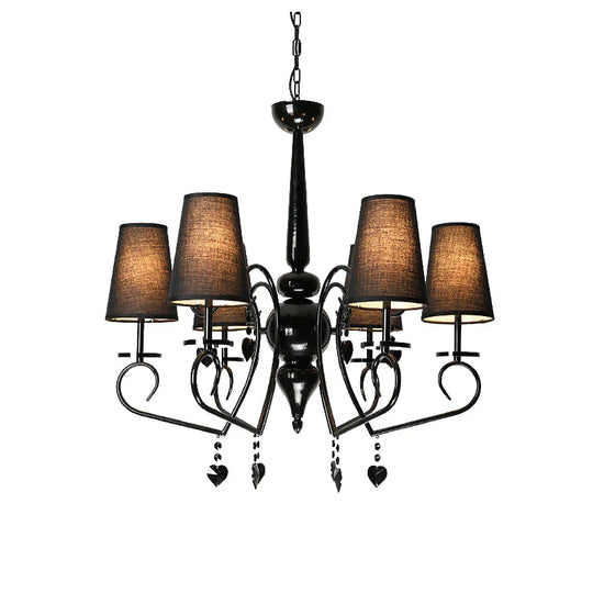 Fabric Tapered Hanging Ceiling Light Rustic 6/9 Lights Living Room Chandelier In Black