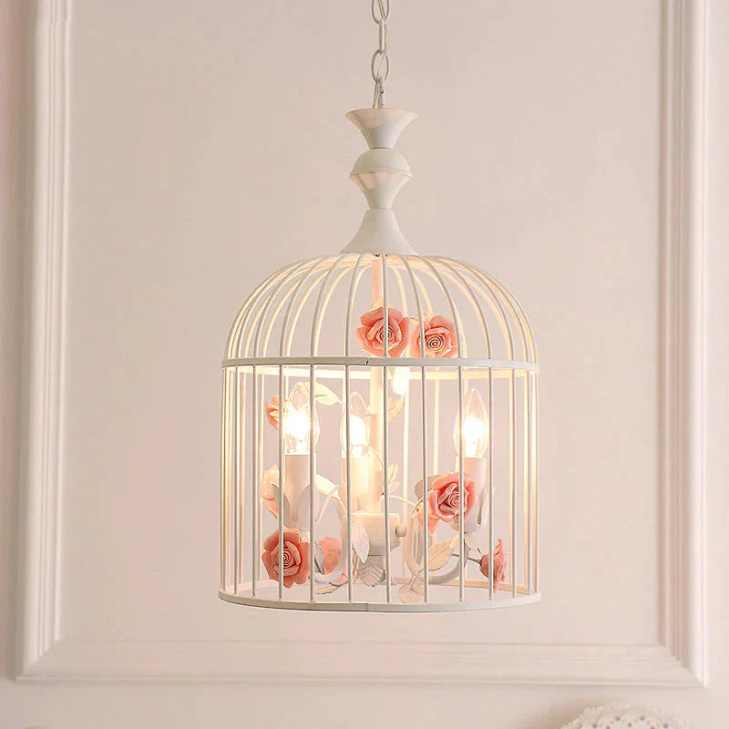 3 Lights Chandelier Light Rustic Birdcage Metal Hanging Ceiling With Blue/Pink Flower Decoration