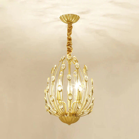 Oval Metal And Crystal Hanging Light Rustic 3/6 Lights Dining Room Chandelier In Gold