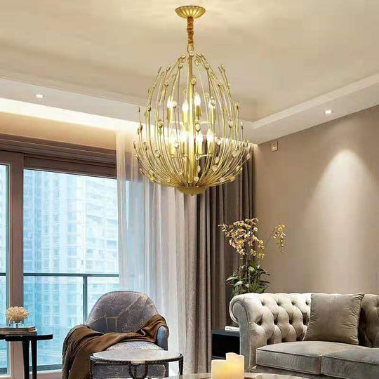 Oval Metal And Crystal Hanging Light Rustic 3/6 Lights Dining Room Chandelier In Gold