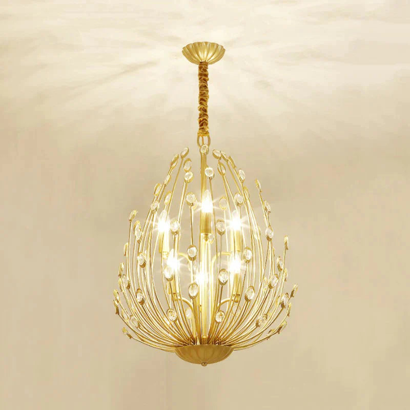 Oval Metal And Crystal Hanging Light Rustic 3/6 Lights Dining Room Chandelier In Gold