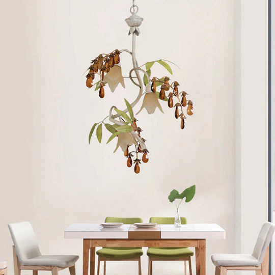Floral Shape White Glass Chandelier Light Rustic 3 Lights Dining Room Hanging With Black/White Arm