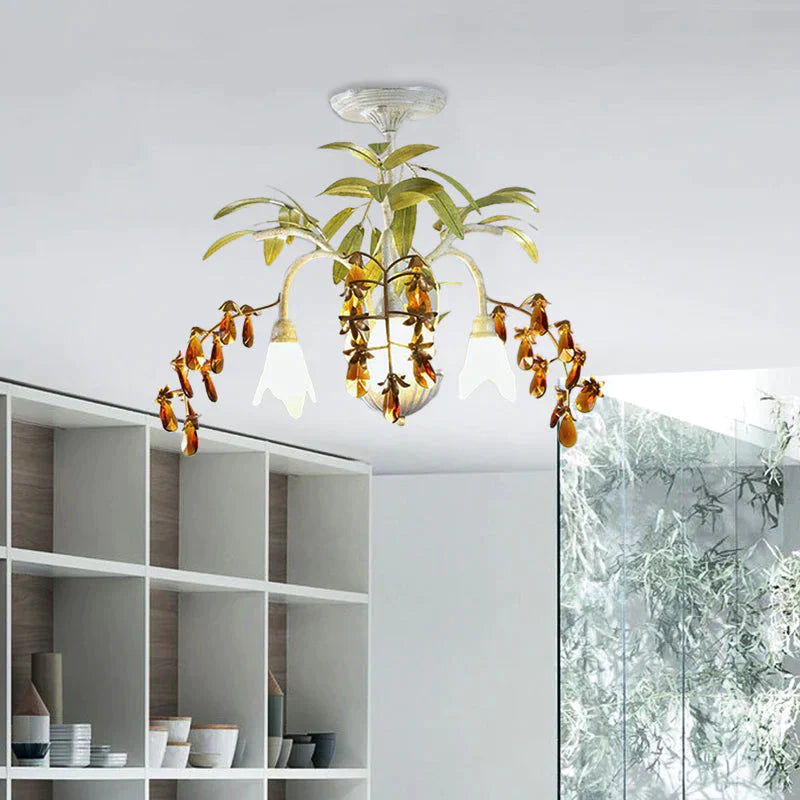 Rustic Flower Chandelier Light 3/6 Lights White Glass Hanging With Amber Crystal Decoration