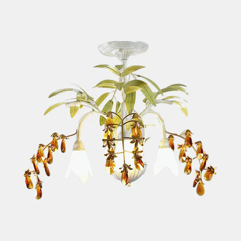 Rustic Flower Chandelier Light 3/6 Lights White Glass Hanging With Amber Crystal Decoration