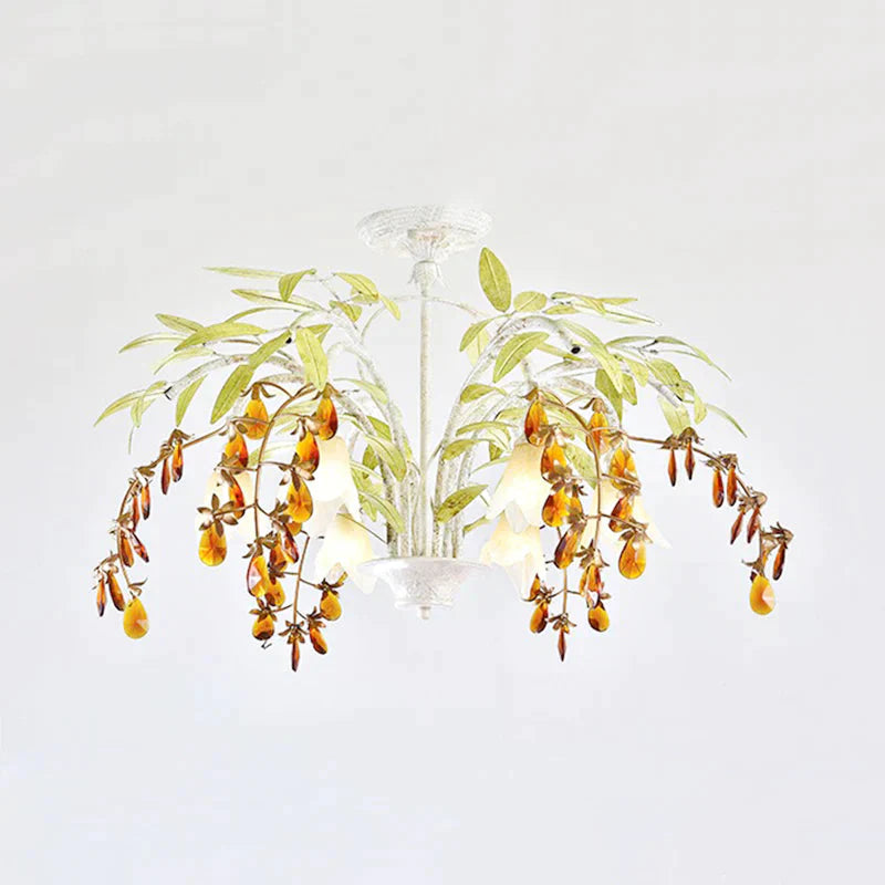 Rustic Flower Chandelier Light 3/6 Lights White Glass Hanging With Amber Crystal Decoration