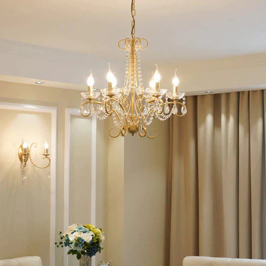 Candle Metal And Crystal Ceiling Light Traditional 3/6 Lights Living Room Chandelier With Gold