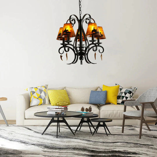 5 Bulbs Dining Room Ceiling Lamp Country Metal Black Chandelier Pendant Light With Cone Fabric Shade