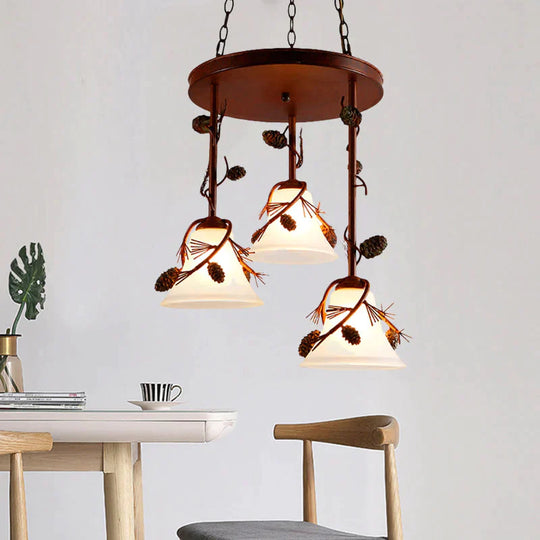 Bell Metal Chandelier Light Country 3 Lights Dining Room Pendant Lighting In Red Brown