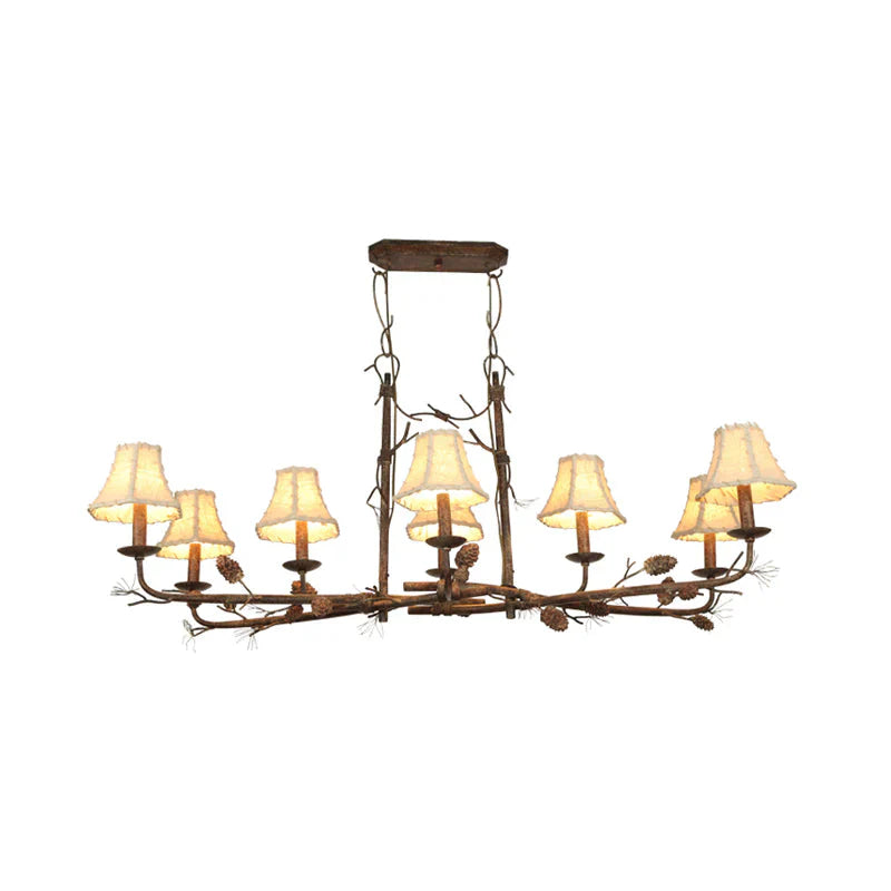 Empire Shade Chandelier Lamp Country Style 8 Lights Metal And Fabric Pendant Light In Rust