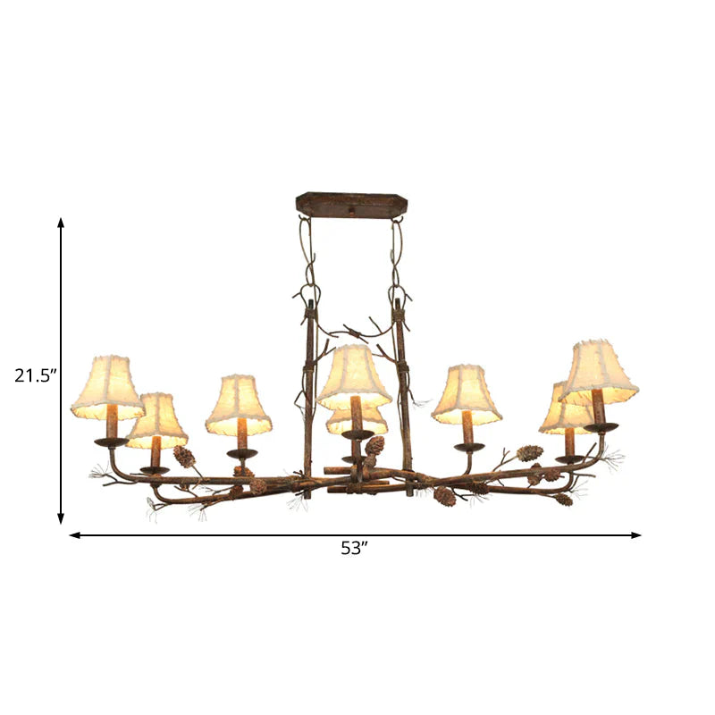 Empire Shade Chandelier Lamp Country Style 8 Lights Metal And Fabric Pendant Light In Rust