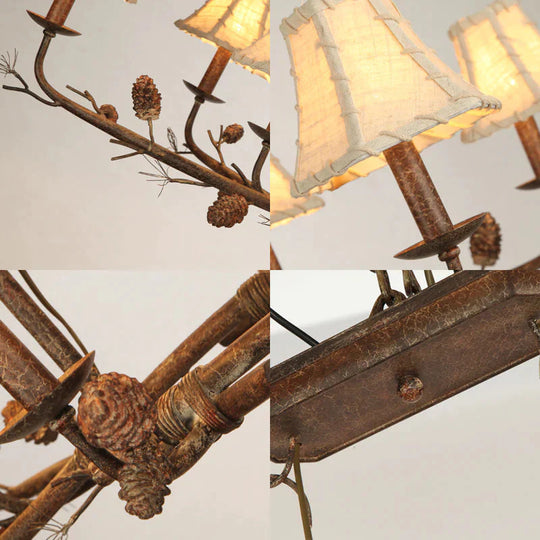 Empire Shade Chandelier Lamp Country Style 8 Lights Metal And Fabric Pendant Light In Rust