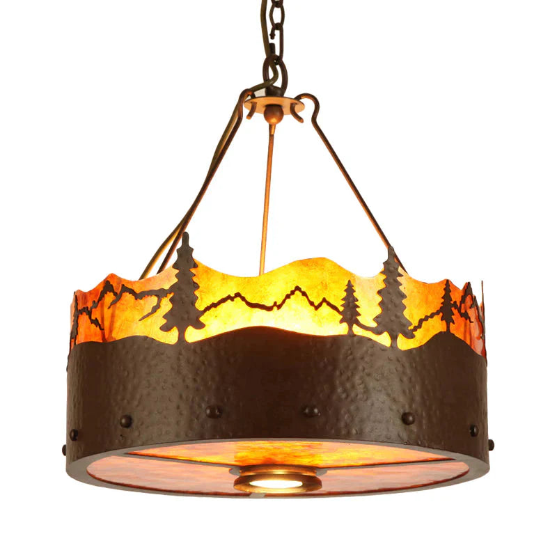 Brown 3 Lights Chandelier Light Fixture Rustic Metal Drum Pendant Lamp With Trees Pattern